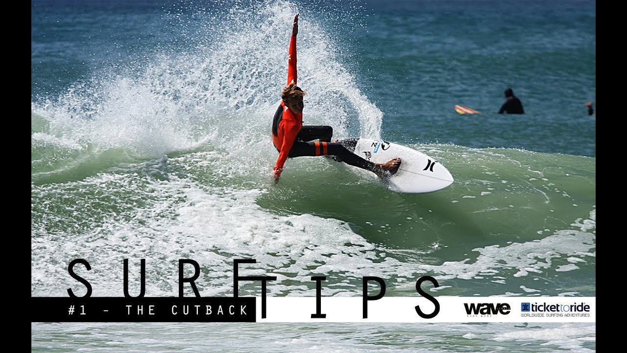 Forehand cutback technique tutorial image featuring a surfer doing a turn on a wave